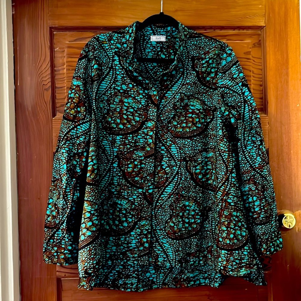 Zuri Kenya batik shirt cotton L turquoise pattern LS